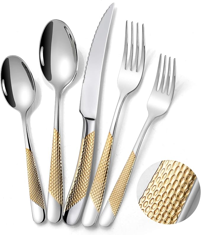 Lemeya 20-Piece Hammered Silver Gold Silverware Set for 4 with Serrated Forging Knives,18/10 Stainless Steel Modern Flatware Set,Unique Cutlery Set Spoons and Forks Set,Mirror Polished,Dishwasher Safe