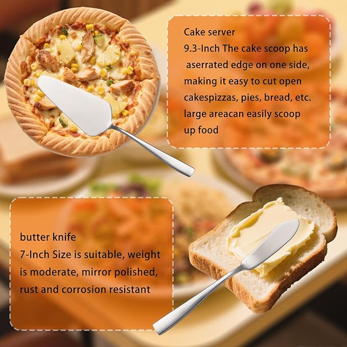 Large Hostess Serving Utensils Set, Stainless Steel Heavy Duty Serving spoons, Slotted Spoons, Serving Fork, Cake Server, Butter Knife, Dishwasher Safe (Silver)