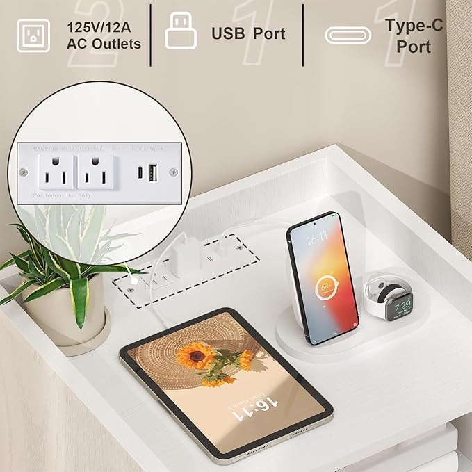 Night stand Set of 2, Bedside Tables with Charging Station, Rattan End Tables, Boho Bed Side Tables, Wood Nightstands set of 2 for Kids' Room Farmhouse Bedroom Living Room Dorm Sofa Couch (black)