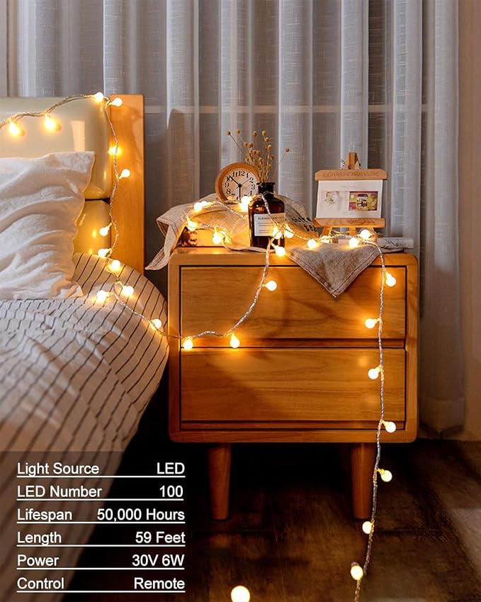 Globe String Lights, 59 Ft 100 LED Christmas Lights with Remote Timer, Connectable Plug in Twinkle Lights for Bedroom Wedding Classroom Indoor Outdoor Decor, Warm White