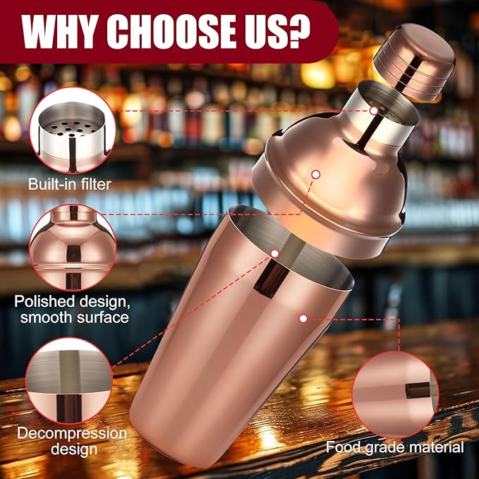 Nitial 6 Pcs Bar Cocktail Shaker Professional Stainless Steel Martini Drink Mixer Built-in Strainer for Bartending No Leaks Shaker for Bar Party Drink Mixer (Rose Gold,18.6 oz)
