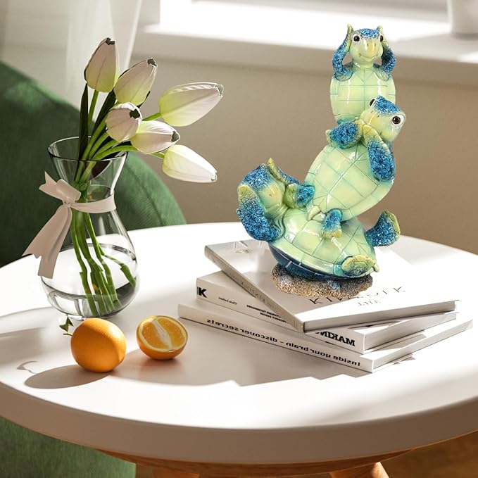 Resin Sea Turtle Statue - Baby Turtle Figurine for Home Decor, Feng Shui Wealth Lucky Charm, Cute Blue Ocean Decor, 9-Inch Tabletop Decoration Gift