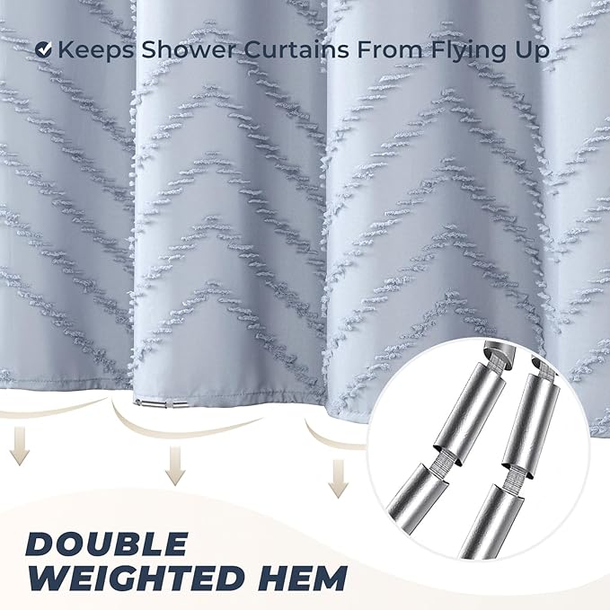 84inches Extra Long Light Blue Boho Fabric Shower Curtain Tufted Chevron Striped Textured Cloth Curtains for Bathroom, Fog Blue