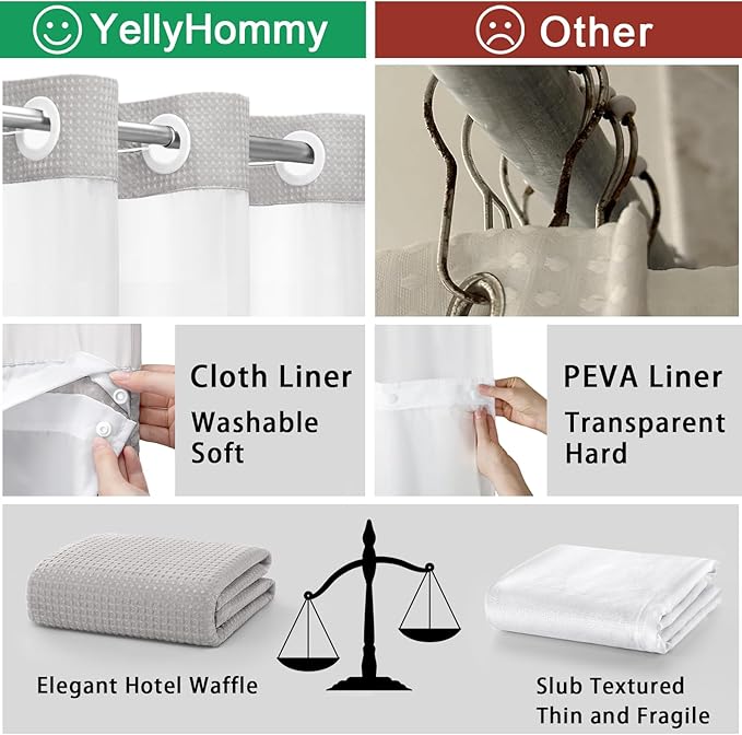 YellyHommy No Hook Shower Curtain with Snap in Liner Set Less Time Light Gray Waffle Shower Curtain for Bathroom 75" L x 72" W Light Grey