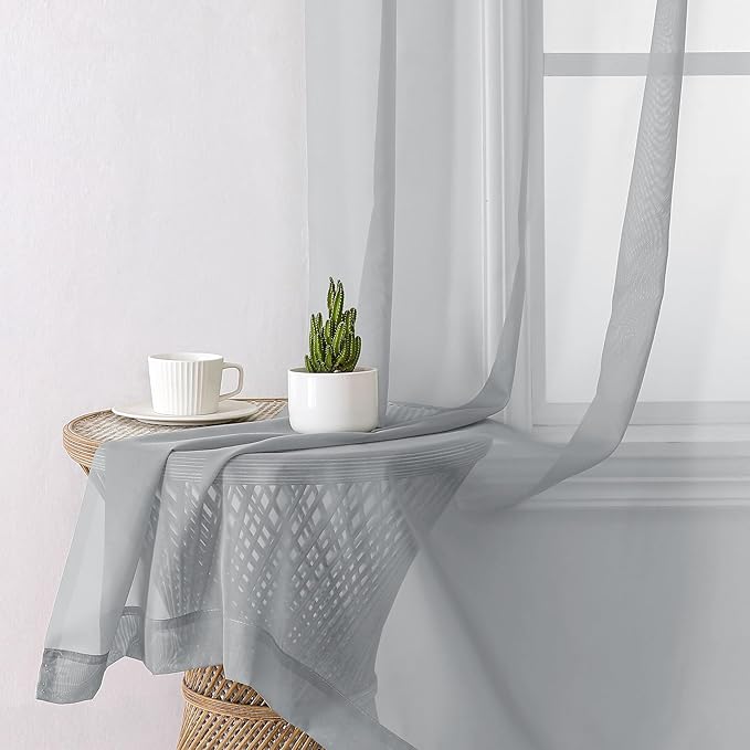 Aiyufeng Light Grey Sheer Window Curtains 84 Inches Long 2 PCS- Rod Pocket Living Room Curtain Panels Voile Textured Soft and Lightweight Window Treatments for Bedroom Decor, 40W x 84L Inches