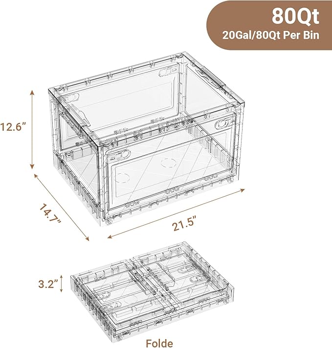 BROVIEW Clear Stackable Storage Bin Drawer, 80Qt Open Front Large Plastic Storage Bins with Lid and Wheels, Foldable Closet Organizer and Storage for Wardrobe Cabinet, Pantry, Makeup,1 Pack