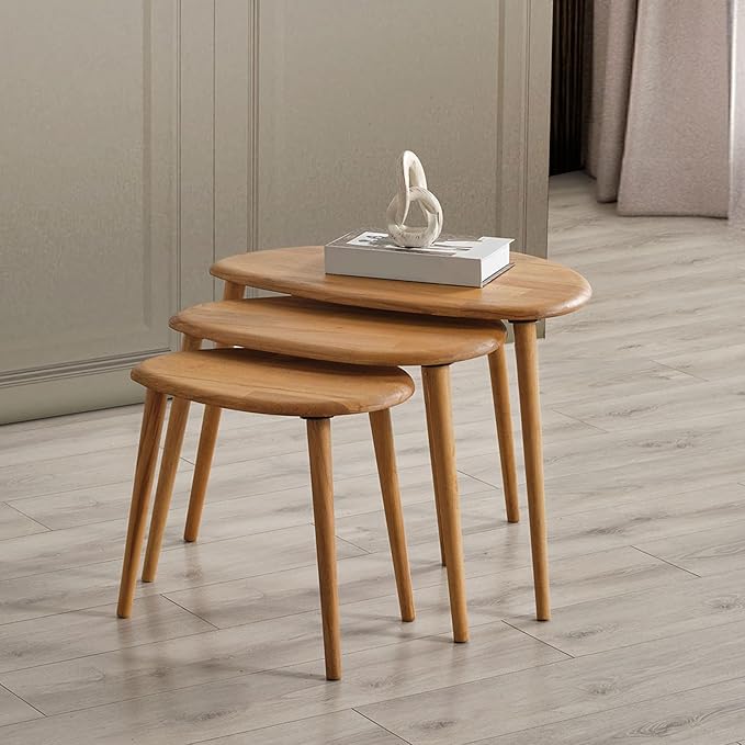 Solid Wood Nesting Coffee Table Set of 3 - Mid Century Modern Pebble Tables with Tapered Legs – Wooden Home Furniture in a Retro Style (Oak)