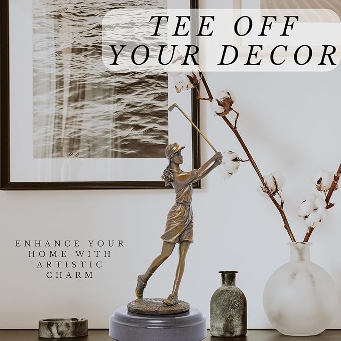 9.8" Bronze Golfer Girl Statue, Golf Figurines Bronze Statues and Sculptures Handmade Art Collectible for Home Office Decor