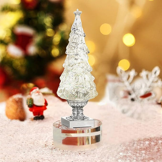 1PC Lighted Christmas Tree,13.9 Inch Tabletop Christmas Tree Lamp, Colorful Lighted Swirling Snow Glitter Tree-Timer- Top Star-Light up Valentines/Christmas Decorations
