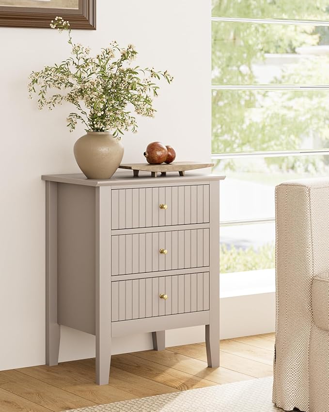 Night Stand, Fluted Nightstand Bedside Tall Farmhouse Nightstand with 3 Drawers, Mid Century Modern Side Accent Table,Bedside End Table for Bedroom, Living Room, Khaki