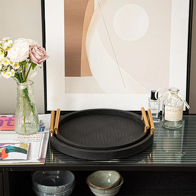 2 Piece Black Round Serving Tray with Handles, Woven-Texture Faux Leather Ottoman Tray for Living Room, Decorative Tray for Coffee Table Home Decor