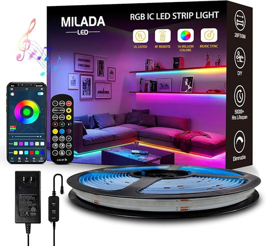 COB RGB Smart IC Strip Lights 20FT/6M LED Strip Lights RGB+IC LED Strip Lights with RF Control Music Sync Smart IC Neon LED Lights COB RGB LED Light for Bedroom Gaming Party Home Decor