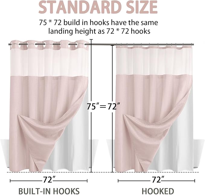 YellyHommy No Hook Shower Curtain with Snap in Liner Set Less Time Waffle Shower Curtain for Bathroom 75" L x 72" W Pink