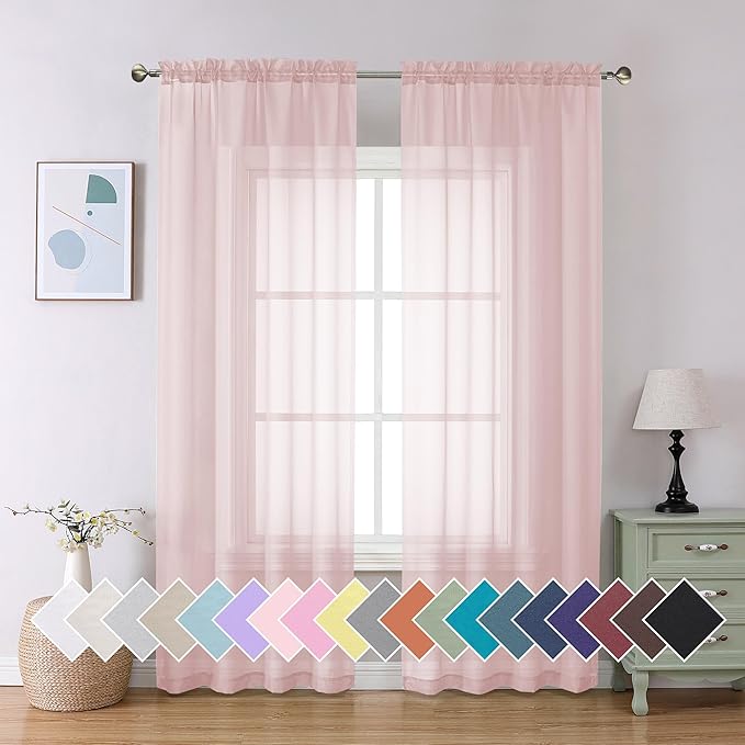 Aiyufeng Blush Pink Sheer Curtains 84 Inches Long 2 Panels Set, Light Filtering Soft Airy Voile Rod Pocket Baby Pink Sheer Window Drapes for Bedroom Living Room, Each 40Wx84L Inches