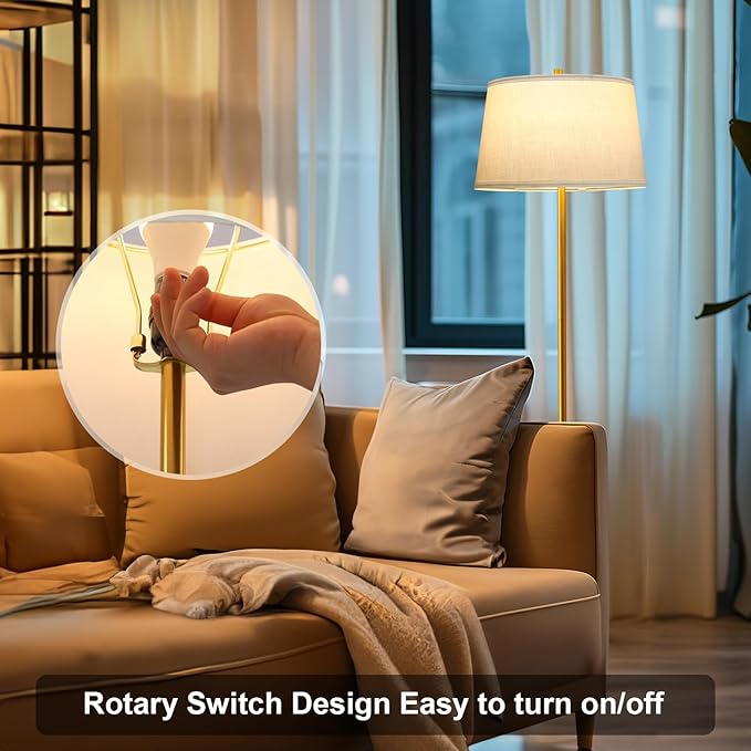 Oneach 61" Floor Lamp for Living Room, Gold Modern Standing Lamp with White Linen Shade, Brass Tall Pole Light with Rotary Switch for Bedroom, Office, Reading Room