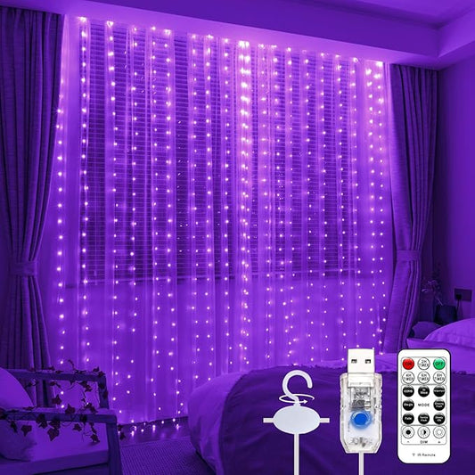 Purple Curtain Light with Untangled Wires for Bedroom, 300LED 9.8ft x 9.8ft Window Fairy Curtain String Light with 16 Hooks, 8 Modes Remote Control for Wedding Party Home Indoor Decorations