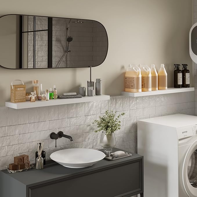 BAMEOS Floating Shelf,Wall Shelf,Decor Wall Mounted Shelves,Hanging Shelf Set for Bathroom Kitchen Living,Kitchen,Room Bedroom Storage (White, 47x9)