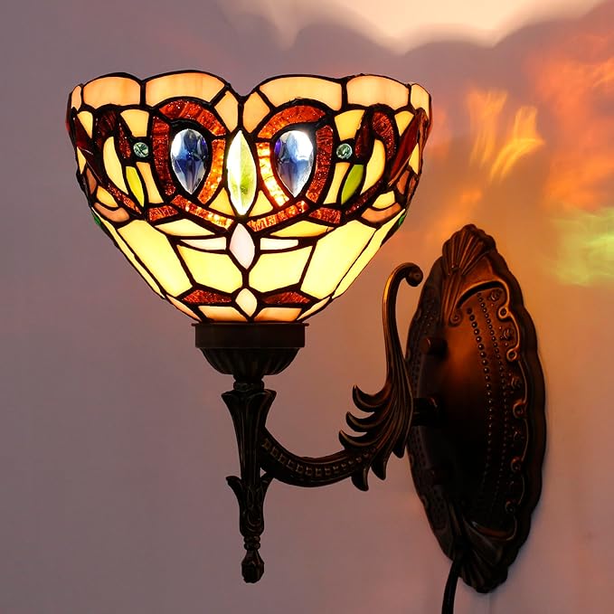 Tiffany Wall Sconce Lamp Blue Stained Glass Flower Style 8X10.5X11 Inch Plug in Wall Bedside Light for Hallway Bedroom (Serenity Victorian Style)