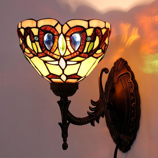 Tiffany Wall Sconce Lamp Blue Stained Glass Flower Style 8X10.5X11 Inch Plug in Wall Bedside Light for Hallway Bedroom (Serenity Victorian Style)