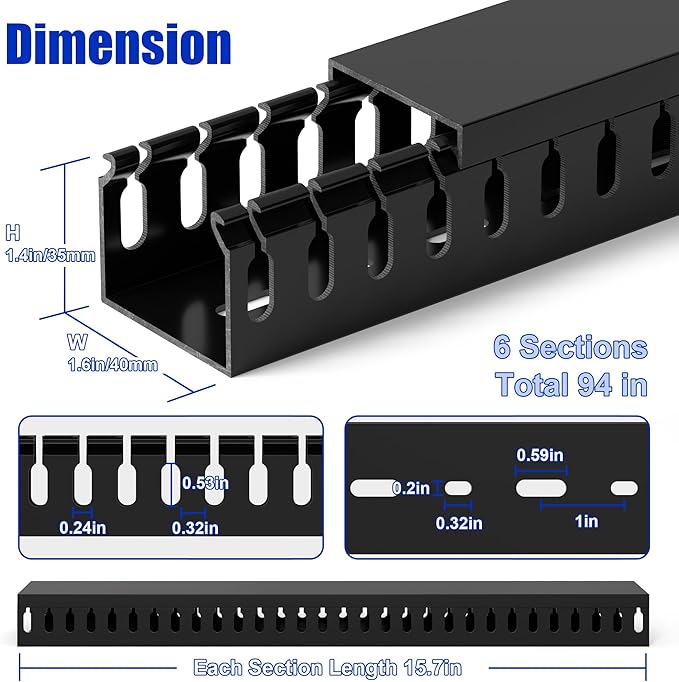 ZhiYo H1.4 x W1.6in Server Rack Cable Management Raceway, 94.5in(6X L15.7in) Cable Raceway Kit, Electrically Safe PVC Open Slot Wire Cord Hider for Under Desk/Computer/Network Cords, Black