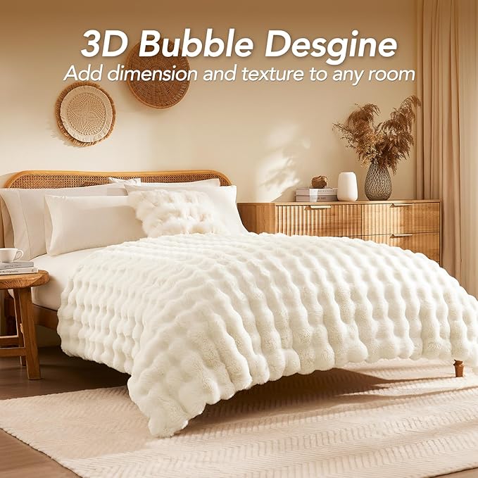 L'AGRATY Faux Fur Throw Blanket: 90" x 90" Luxury Soft Fluffy Thick Rabbit Fur Blankets for Queen Bed Couch - Cozy Plush Bubble Blankets for Winter: Warm Flannel Fleece Decorative Blanket(Cream White)