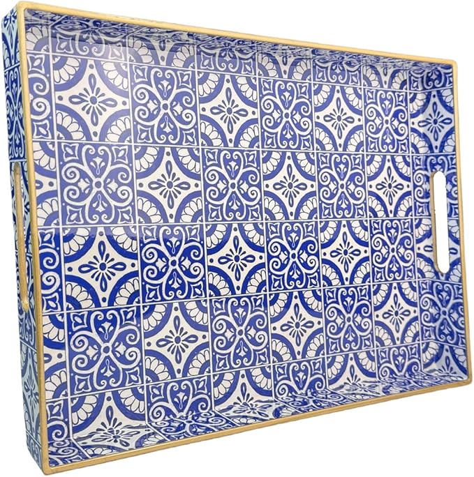 Serving Tray with Handles, Rectangular Decorative Trays for Coffee Table, Plastic Ottoman Tray for Living Room, Decor, Boho Blue, 15.7”*11.8”*1.6"