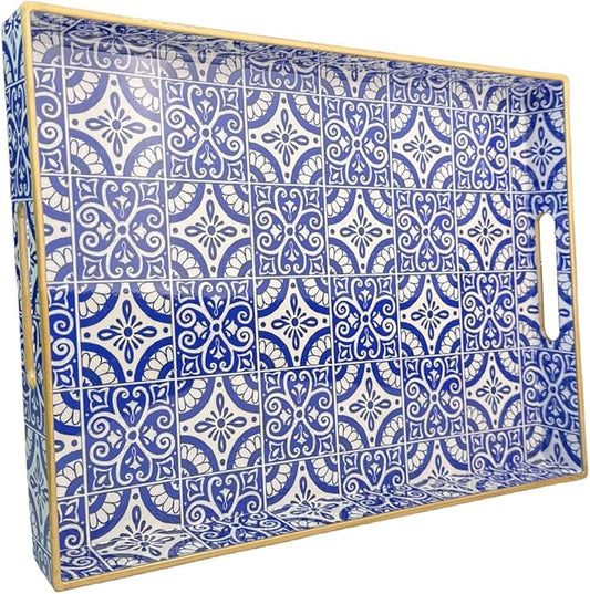 Serving Tray with Handles, Rectangular Decorative Trays for Coffee Table, Plastic Ottoman Tray for Living Room, Decor, Boho Blue, 15.7”*11.8”*1.6"