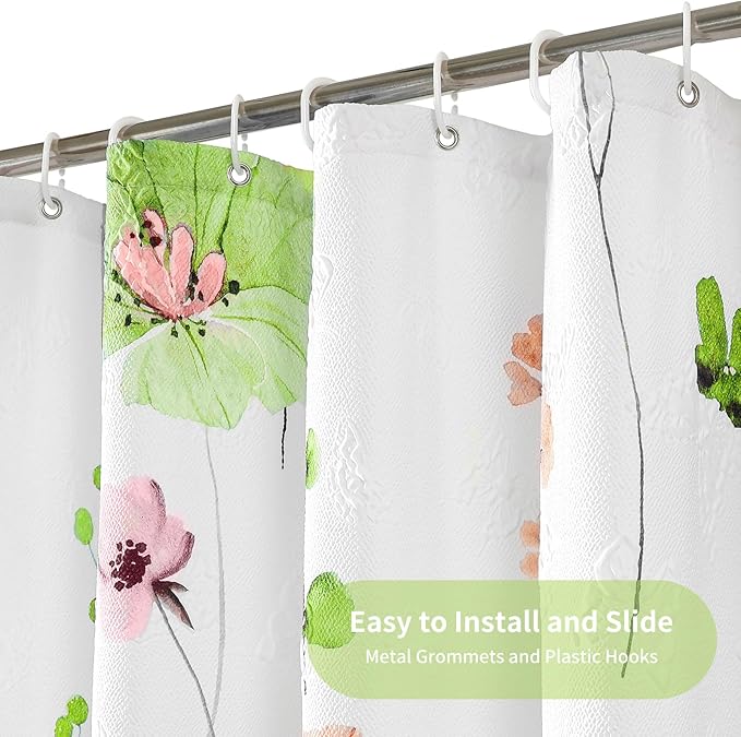 QiyI Watercolor Floral Shower Curtain, 3D Embossed Butterflies Green Pink Flower Bathroom Curtain, Minimalist White Cloth Bath Curtain, Waterproof Fabric Textured Shower Curtain Set with Hooks, 72x72