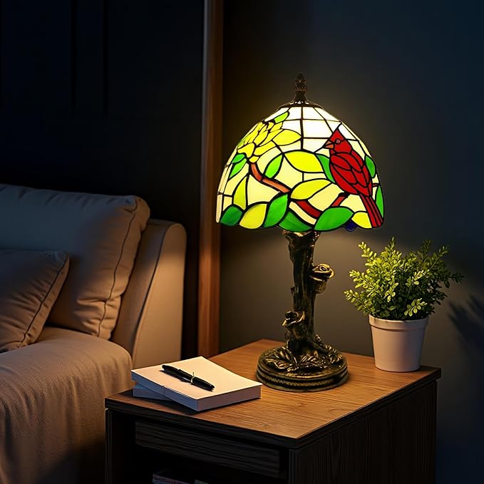 Tiffany Style Table Lamp Cardinal Stained Glass Lamp,8" Tiffany Lamp for Living Room Home,Bedroom Bedside Vintage Lamp for Office Dorm Bar Decor Gift,Included LED Bulb
