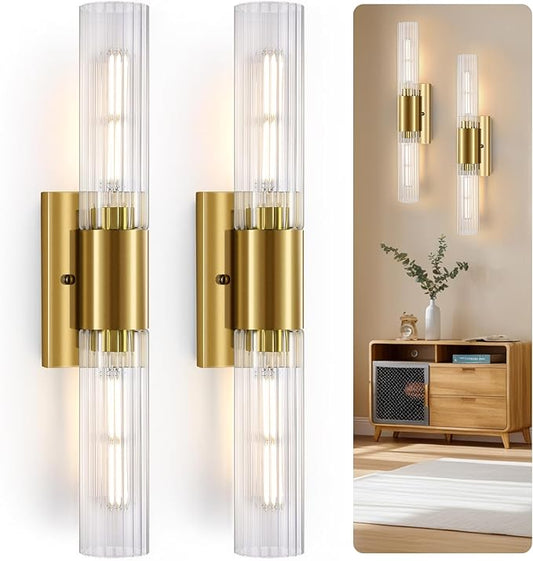 Wall Sconces Set of Two - Gold Bathroom Sconces Wall Lighting with Threaded Glass Wall Lighting Fixtures Mounted Lamps for Bedroom, Bathroom, Living Room, Hallway (Gold Water Pattern)