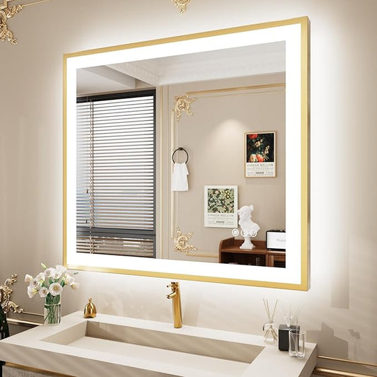 40x36 LED Mirror for Bathroom with Gold Frame, Backlit and Front Lighted Bathroom Mirrors for Wall, Stepless Dimmable Vanity Mirror with Lights, Anti-Fog, Memory,Shatterproof