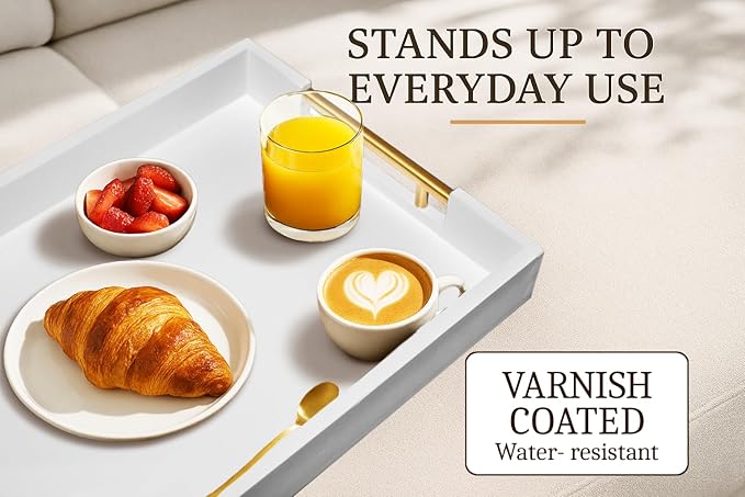 Serving Tray with Handles – 17 x 12 x 2 Inch White Acacia Wood Ottoman Tray Table Decorative – Coffee Trays Wood Decor for Kitchen – Breakfast in Bed Trays with Golden Metal Handles (White)