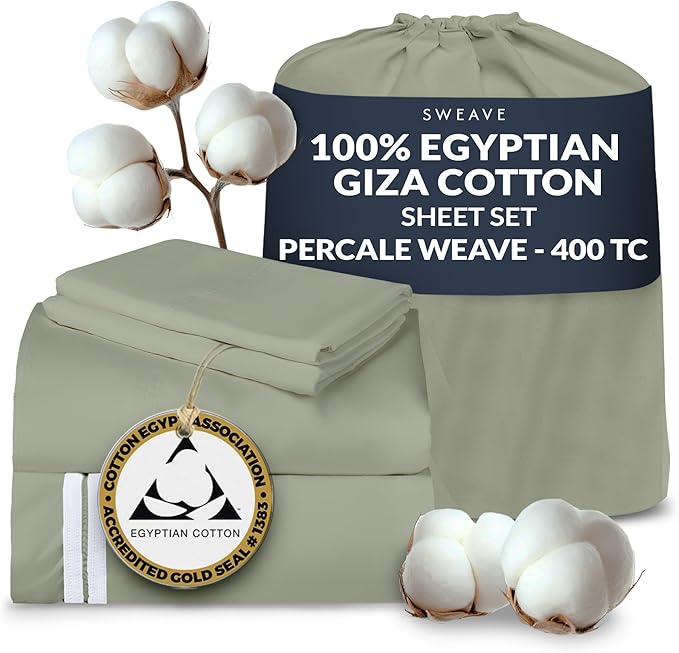 100% Egyptian Cotton Percale Sheets King Size - Genuine Luxurious 400 Thread Count - Naturally Crisp, Breathable, Skin-Friendly & Cooling - Softer After Each Wash - Oeko-TEX Certified Giza