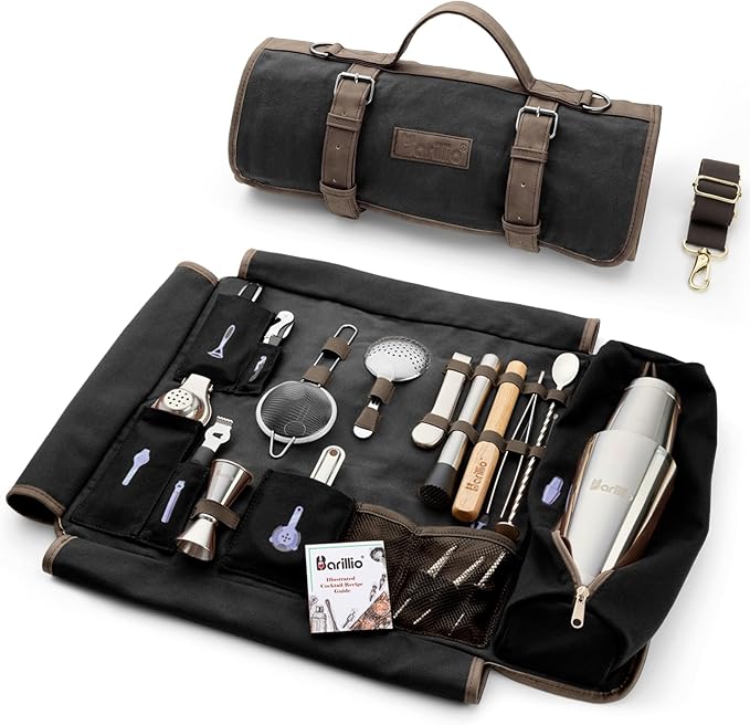 Barillio Bartender Kit Bag with Cocktail Shaker Set - Waxed Canvas, Traveling Bar Tools Bag with 17-Pc Cocktail Kit - Travel Mixology Bartending Kits - Mobile Bar Roll with Strap & Accessories