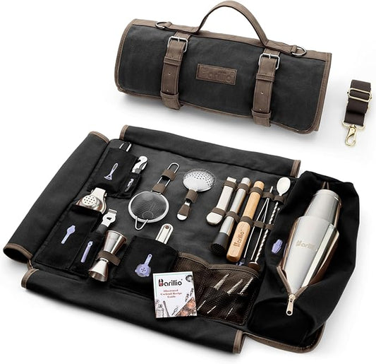 Barillio Bartender Kit Bag with Cocktail Shaker Set - Waxed Canvas, Traveling Bar Tools Bag with 17-Pc Cocktail Kit - Travel Mixology Bartending Kits - Mobile Bar Roll with Strap & Accessories