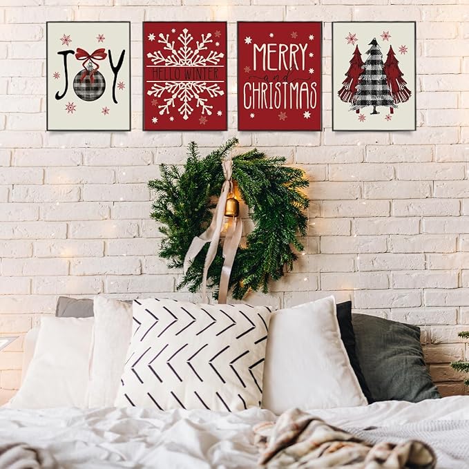 Wheatwin Christmas Wall Decor, Merry Christmas Wall Art Prints Set of 4, Christmas Trees Winter Decor for Farmhouse Living Room Bedroom Office, 8x10 (Unframed)