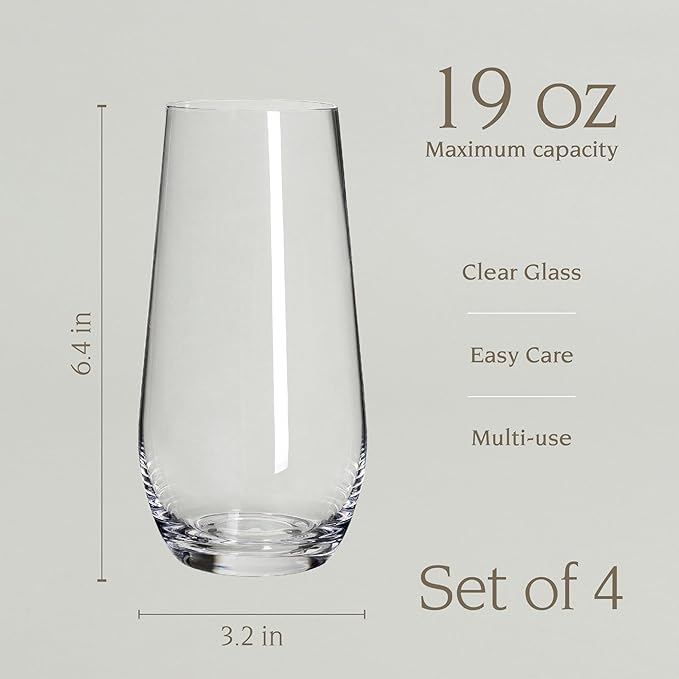 over&back 19oz Traditional Glassware - Set of 4 Classic Stemless Drinking Glasses for Parties, Get-togethers, and More - Mouth-Blown - Wine Cups for Kitchen and Dining Room - Clear, Water (19oz)