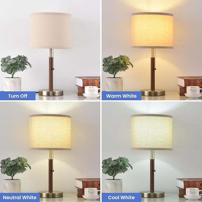 Mid Century Table Lamps Set of 2, 19.5" Modern Bedside Buffet Table Lamps with Pull Chain Switch, Antique Brass & Wood Small Nightstand Lamps for Living Room Bedroom End Table