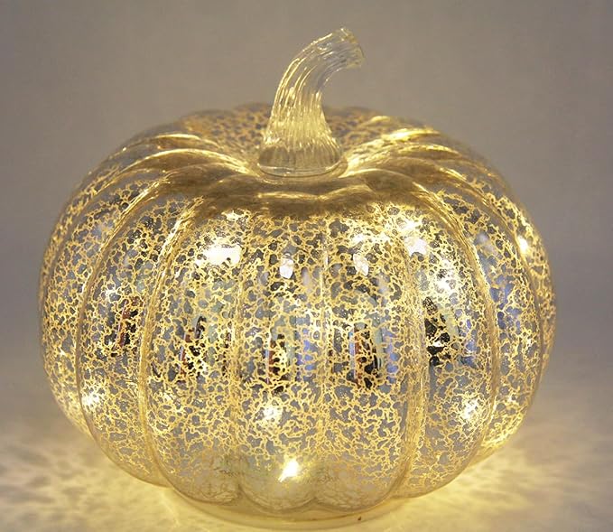 Mercury Glass Pumpkin Light with Timer, with 10 Fairy Lights Inside,Battery Operated Led Pumpkin Light,Ideal for Halloween Fall Decoration, Thanksgiving Rustic Decor, Xmas Decor (Silver)