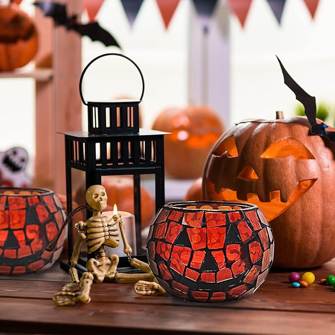 SHMILMH Halloween Candles Holder Set of 4, Grimace Tealight Holders, Handmade Mosaic Pumpkin Glass Votive Candle Holders for Halloween Table Centerpiece Home Decor