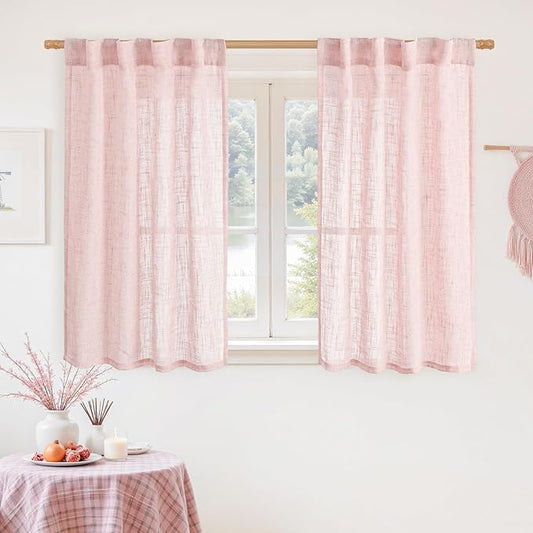 LAMIT 40 Inch Length Linen Curtains for Small Windows, Semi Sheer Light Filtering Panels Back Tab and Rod Pocket Neutral Drapes for Basement/Window/Kids Room, Pink, 2 Panels, 34 x 40 Inch