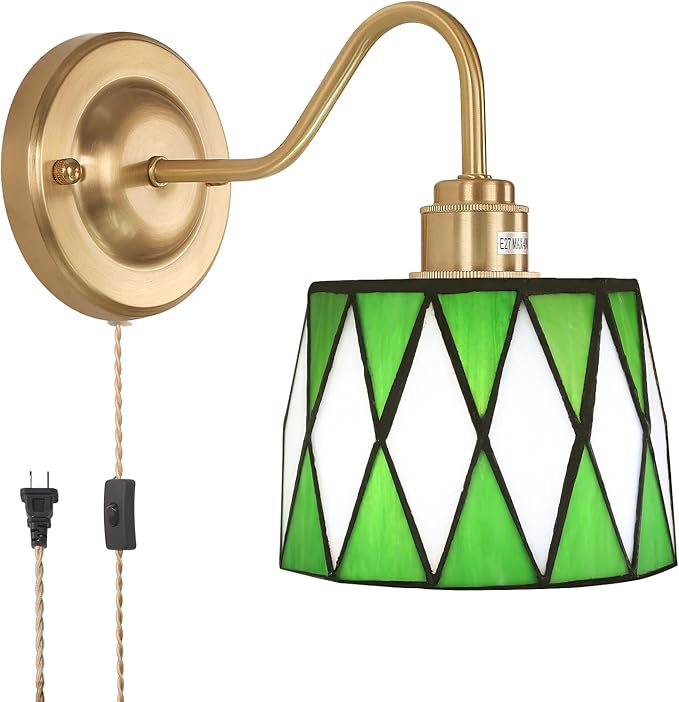 Vintage Wall Sconce, Wall Mounted Lamps with Green Checker Sconce, Stained Glass Shade Gold Wall Lights Fixture with Plug in Cord and Switch for Bedroom Bathroom Living Room Hallway