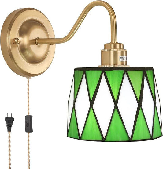 Vintage Wall Sconce, Wall Mounted Lamps with Green Checker Sconce, Stained Glass Shade Gold Wall Lights Fixture with Plug in Cord and Switch for Bedroom Bathroom Living Room Hallway