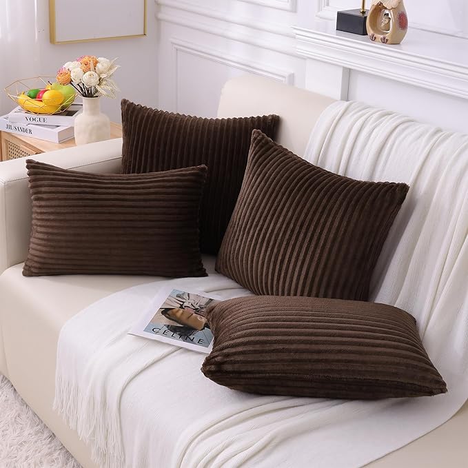 Simmore Decorative Throw Pillow Covers 16x16 Set of 2, Soft Natural Plush Flannel Double-Sided Fluffy Couch Pillow Covers for Sofa Living Room, Brown