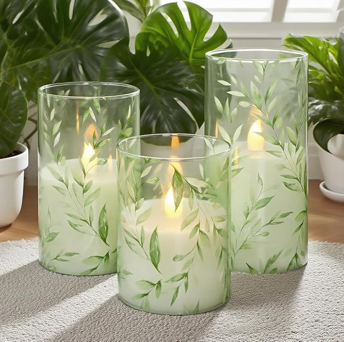 Green Flameless Candles with Remote Willow Leaf Design Battery Operated Candles - Elegant Home Christmas Summer Decor Set of 3