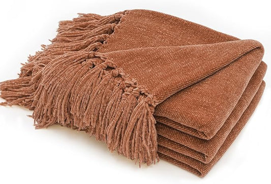 RECYCO Throw Blanket Soft Cozy Chenille Throw Blanket with Fringe Tassel for Couch Sofa Chair Bed Living Room Gift (Rust, 60" x 80")