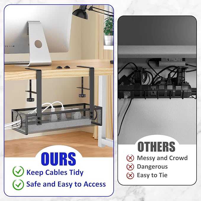 REFLYING Under Desk Cable Management Tray, Metal Long Arms(3.9in), No Drill Mesh Desk Cable Tray, Wire Management Tray Cable Management Box for Office, Desk Cable Tray Wire Organizer, 1 Pack, Black