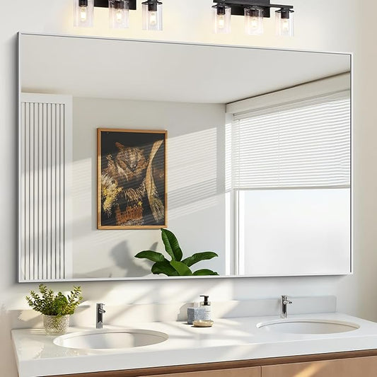 KOCUUY Large Silver Bathroom Mirror, 60x40 inch Rectangular Mirror for Bathroom Sink, Oversized Mirror with Metal Brushed Nickel Frame for Living Room, Farmhouse, Entryway, Hang Horizontal/Vertical