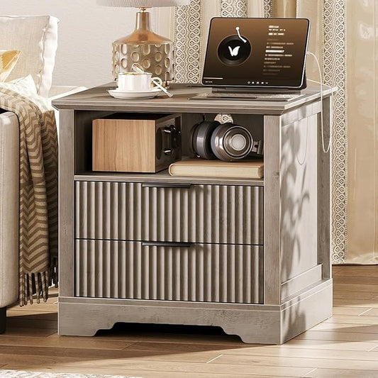 Farmhouse Fluted End Table with Charging Station, 24'' Sofa Side Table with 2 Drawers, Farmhouse Bedside Table with Storage, Large Nightstand for Bedroom, Living Room, Greige