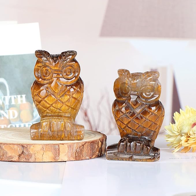 2" Yellow Tiger Eye Crystal Owl Figurine Gem Stone Owls Statue Animals Carving Owl Gifts for Home Office Decor